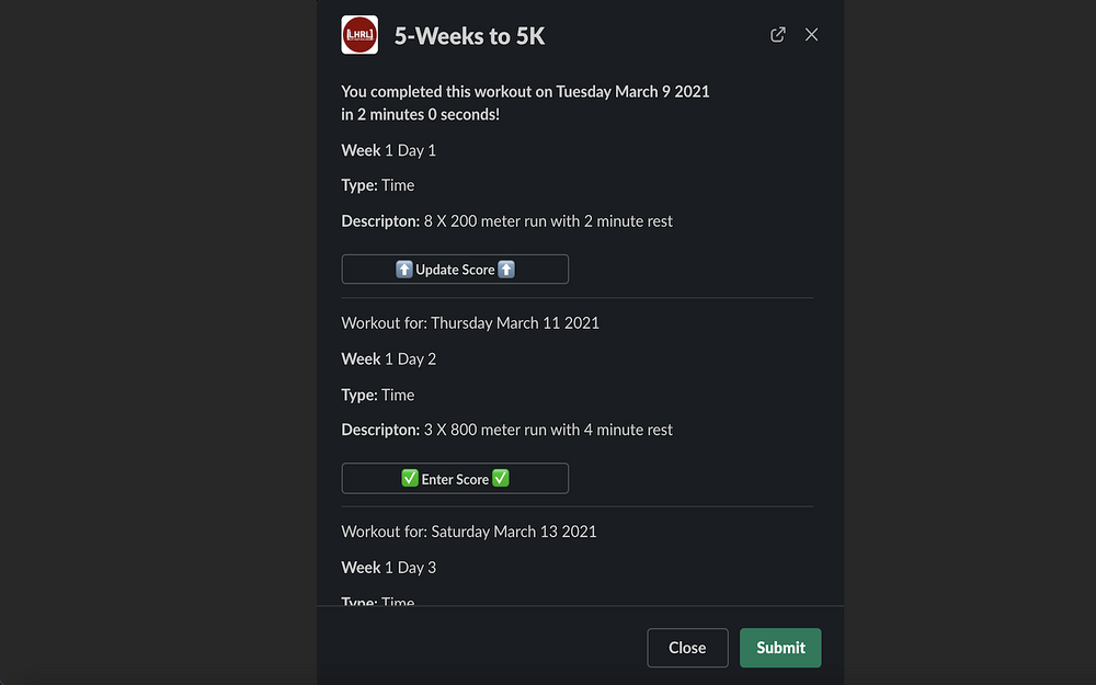 Lift Heavy Run Long® settings interface — Enterprise-ready apps app on the Slack Marketplace
