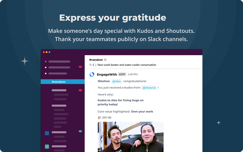 EngageWith Kudos, Surveys, Feedback feature detail — Office Management app on the Slack Marketplace