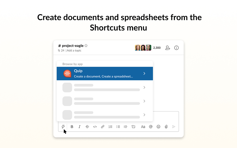 Quip dashboard view — File Management app on the Slack Marketplace