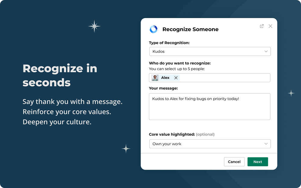 EngageWith Kudos, Surveys, Feedback dashboard view — Office Management app on the Slack Marketplace