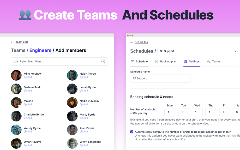 TurnShift Shift Scheduling dashboard view — Customer Support app on the Slack Marketplace