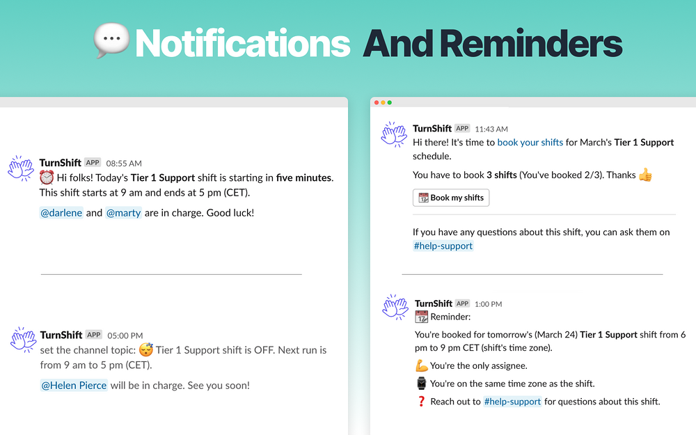 TurnShift Shift Scheduling feature detail — Customer Support app on the Slack Marketplace