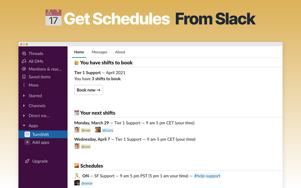 TurnShift Shift Scheduling settings interface — Customer Support app on the Slack Marketplace