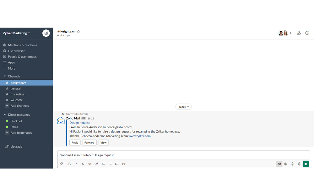 Zoho Mail feature detail — Communication app on the Slack Marketplace