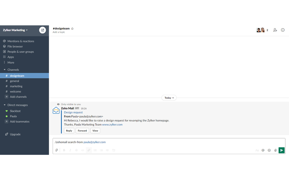 Zoho Mail dashboard view — Communication app on the Slack Marketplace