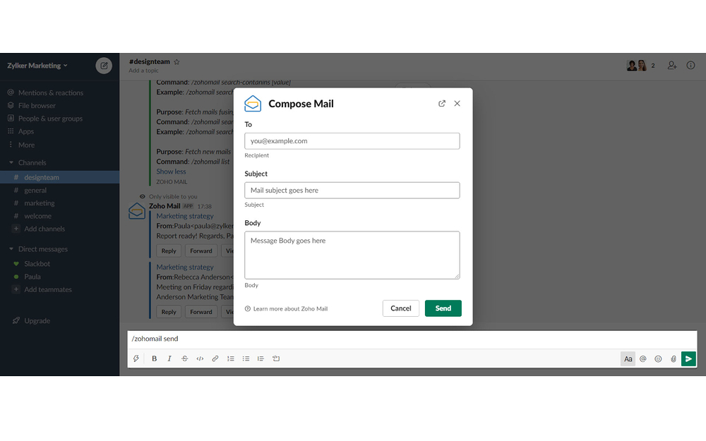 Zoho Mail settings interface — Communication app on the Slack Marketplace