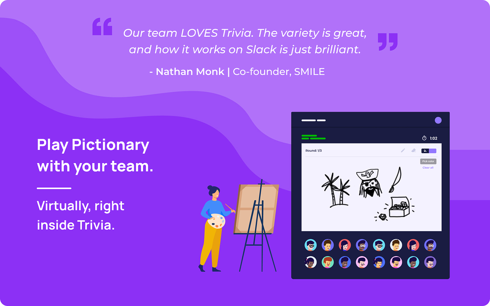 Trivia Games, Birthday, Watercooler feature detail — Health & Wellness app on the Slack Marketplace