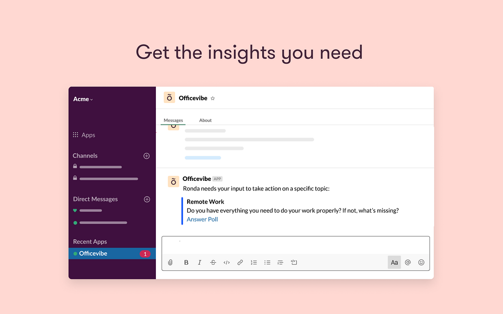 Workleap Officevibe settings interface — Analytics app on the Slack Marketplace