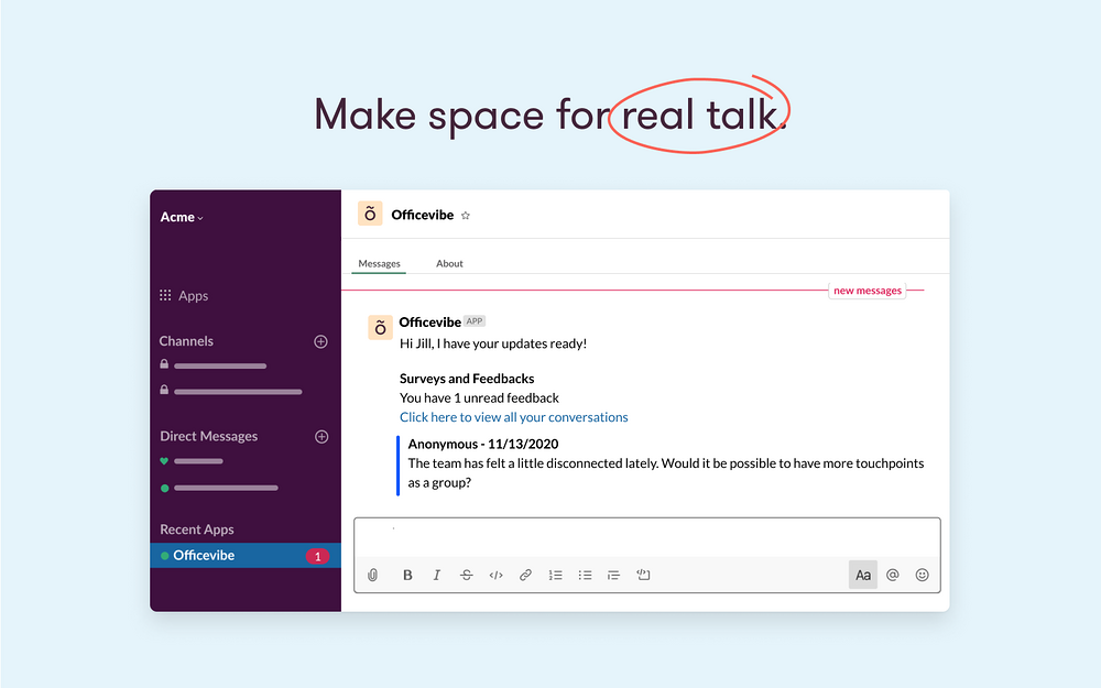 Workleap Officevibe dashboard view — Analytics app on the Slack Marketplace
