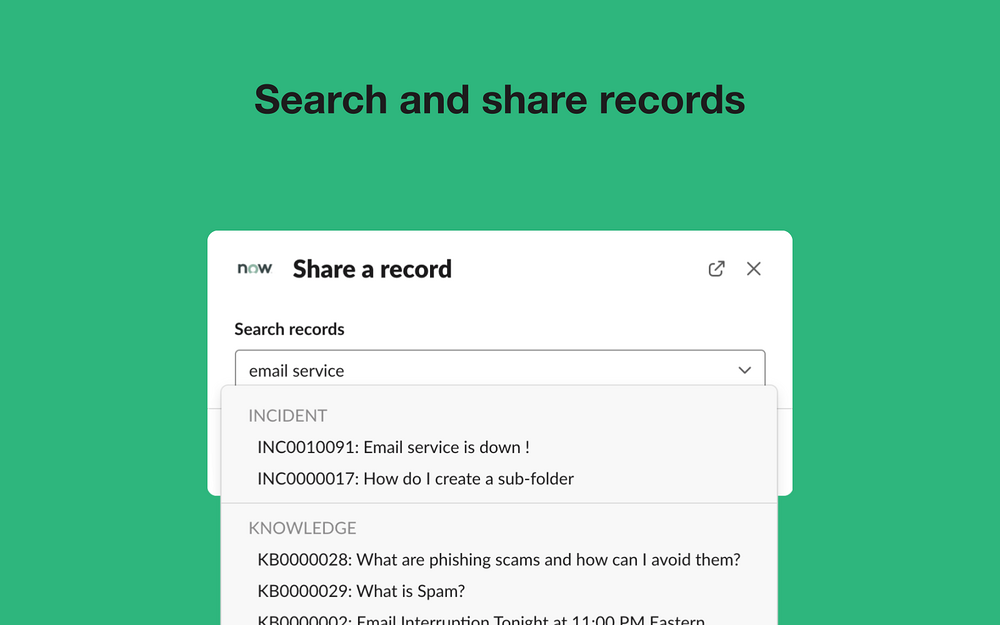 ServiceNow for Slack feature detail — Customer Support app on the Slack Marketplace
