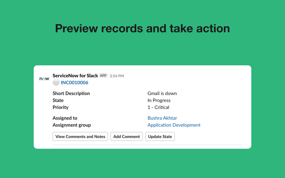 ServiceNow for Slack settings interface — Customer Support app on the Slack Marketplace