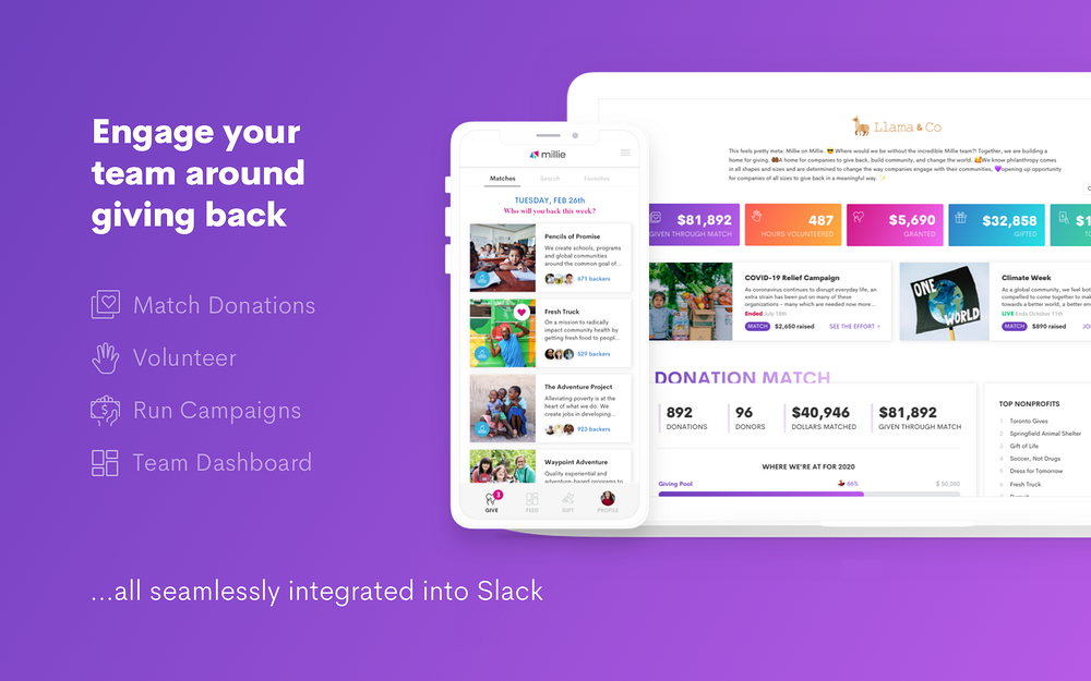 Millie dashboard view — Social & Fun app on the Slack Marketplace