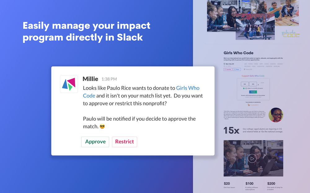 Millie mobile preview — Social & Fun app on the Slack Marketplace
