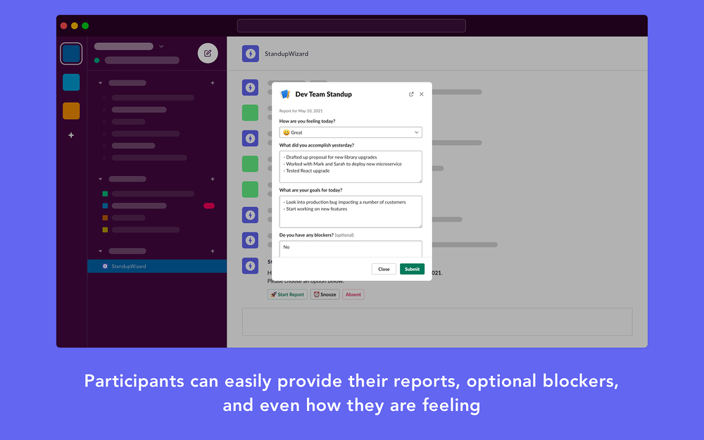 StandupWizard dashboard view — Project Management app on the Slack Marketplace