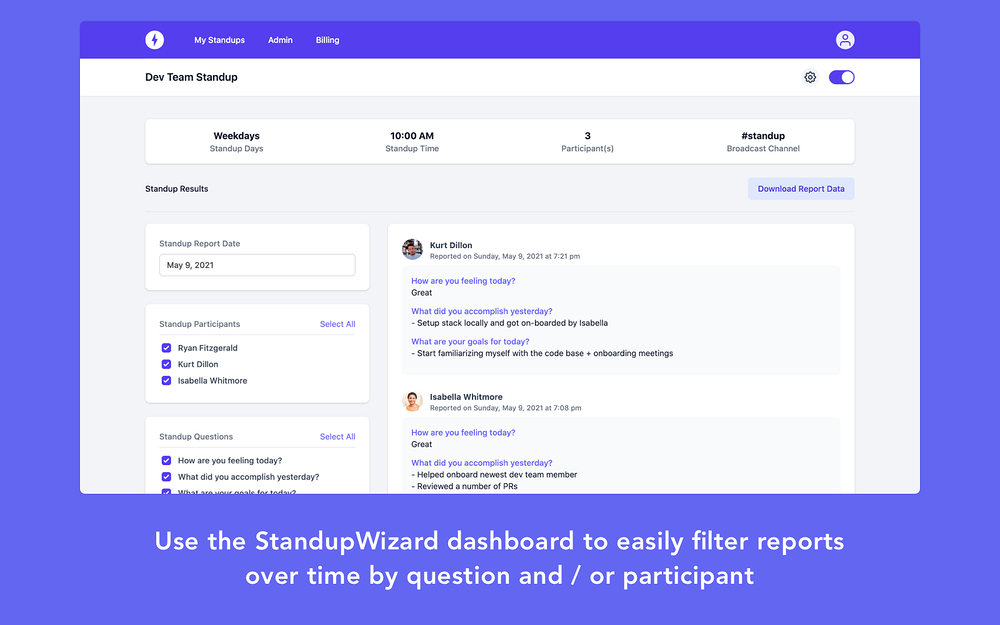 StandupWizard settings interface — Project Management app on the Slack Marketplace