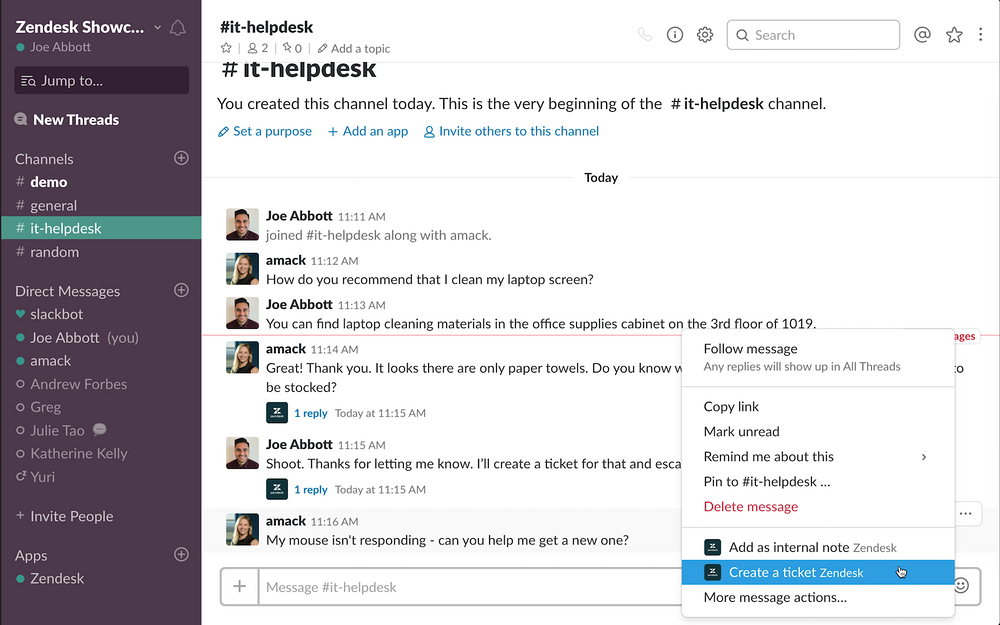 Zendesk feature detail — Productivity app on the Slack Marketplace