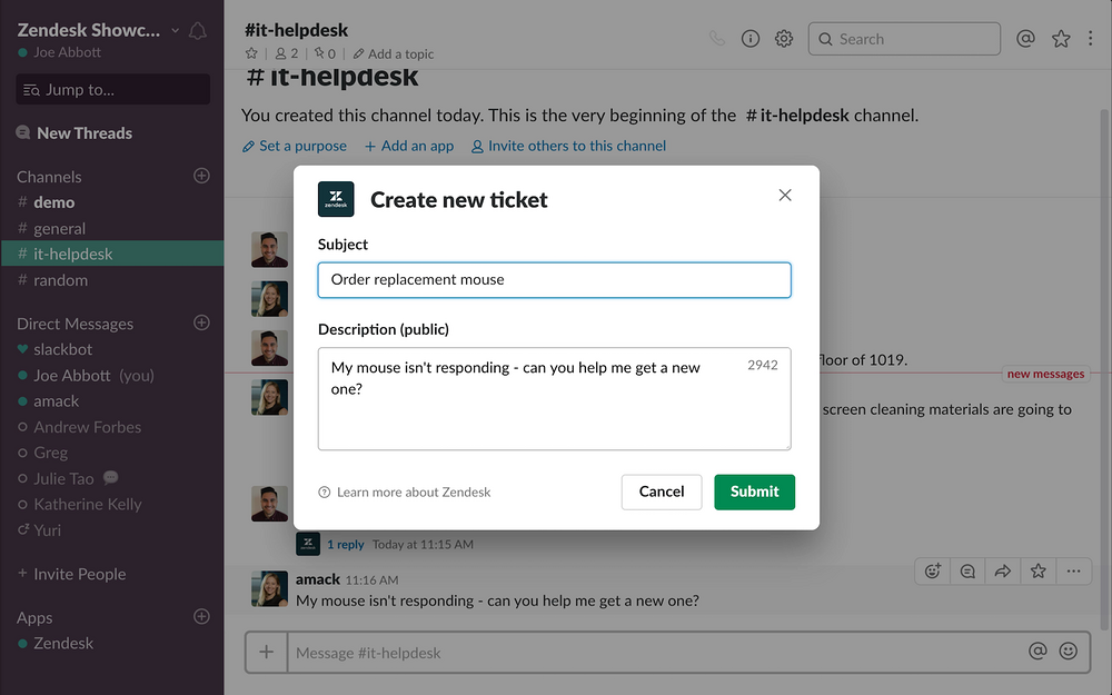 Zendesk dashboard view — Productivity app on the Slack Marketplace