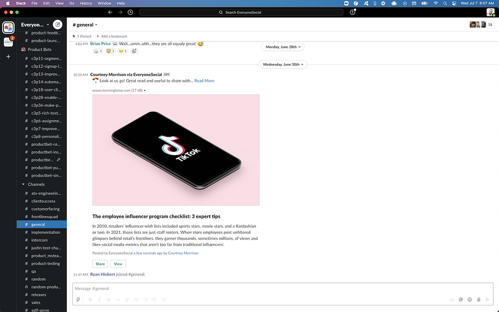 EveryoneSocial feature detail — Marketing app on the Slack Marketplace
