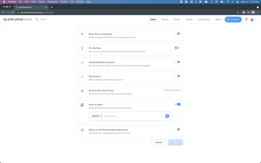 EveryoneSocial dashboard view — Marketing app on the Slack Marketplace