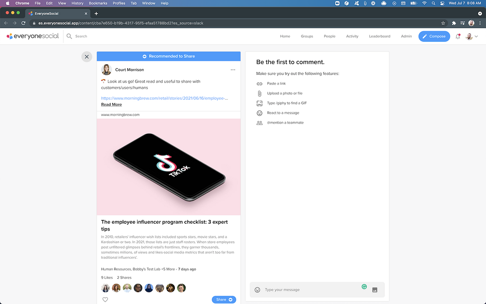 EveryoneSocial settings interface — Marketing app on the Slack Marketplace