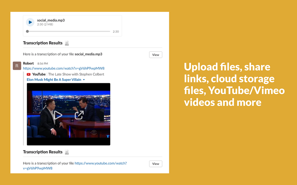 Transcriber dashboard view — Voice & Video app on the Slack Marketplace