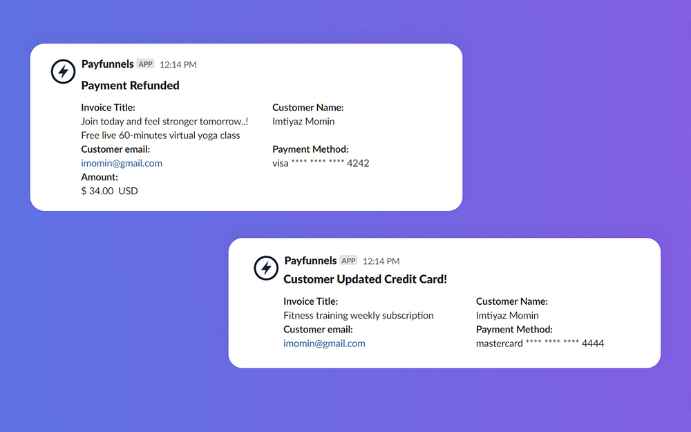 Payfunnels dashboard view — Finance app on the Slack Marketplace