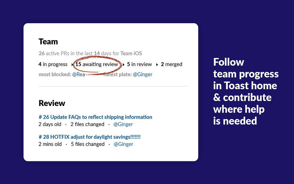 Toast for GitHub dashboard view — Brilliant Bots app on the Slack Marketplace