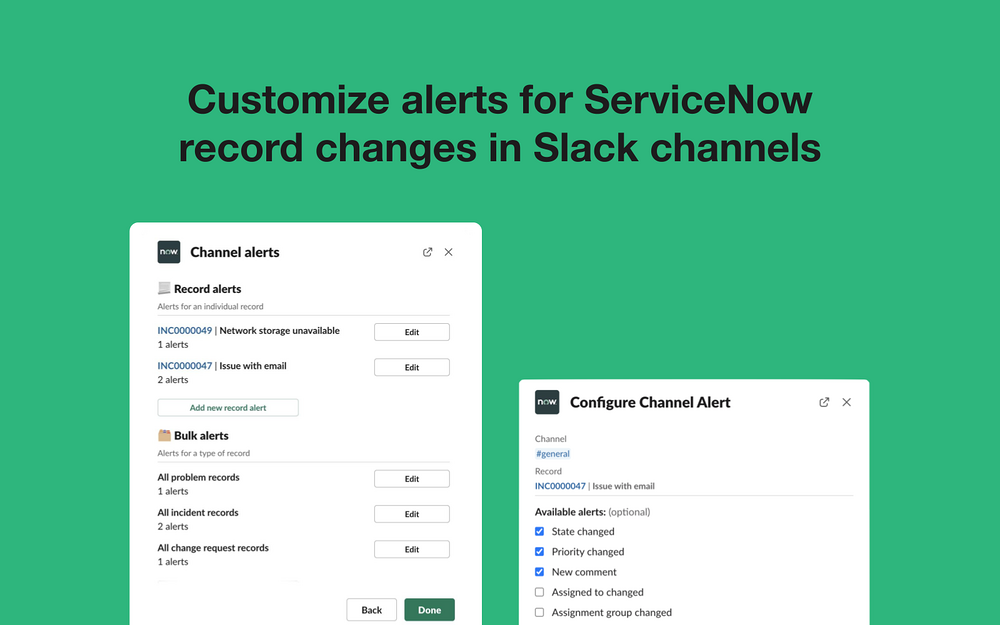 ServiceNow for Slack dashboard view — Customer Support app on the Slack Marketplace