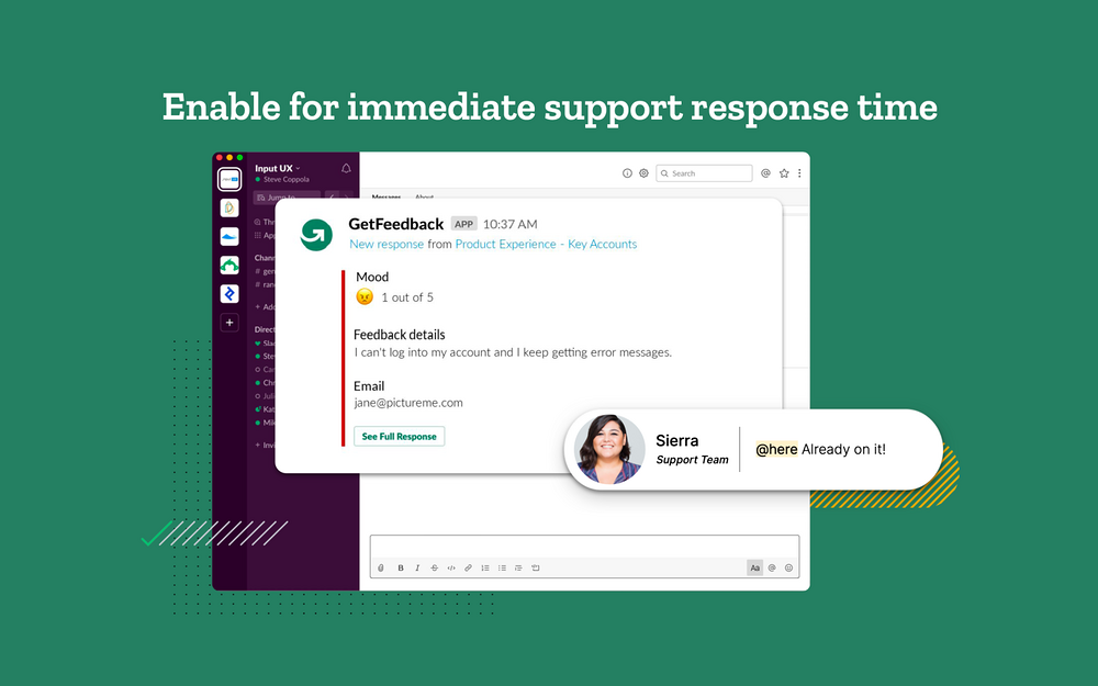 GetFeedback settings interface — Customer Support app on the Slack Marketplace