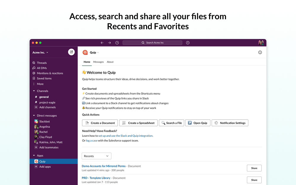 Quip primary marketing image — File Management app on the Slack Marketplace