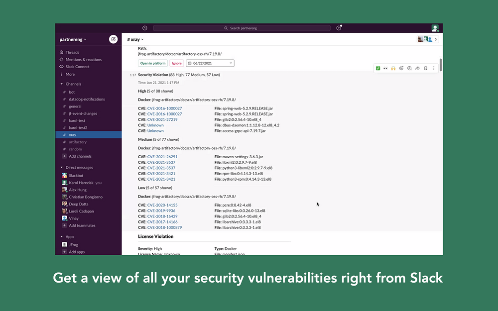 JFrog Artifactory and Xray dashboard view — Security & Compliance app on the Slack Marketplace