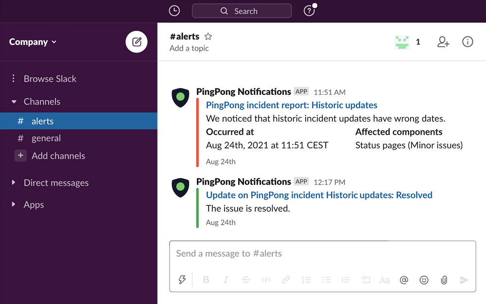 PingPong Notifications dashboard view — Customer Support app on the Slack Marketplace