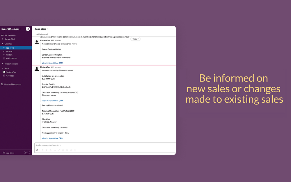 SuperOffice for Slack dashboard view — Sales app on the Slack Marketplace