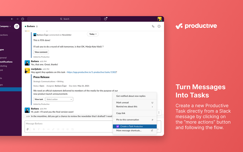 Productive feature detail — Office Management app on the Slack Marketplace