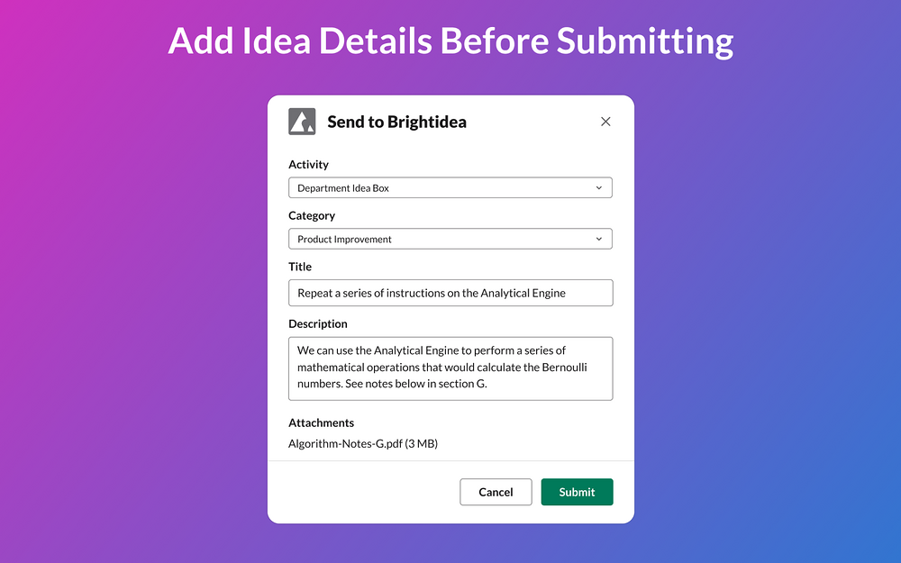 Brightidea dashboard view — Project Management app on the Slack Marketplace