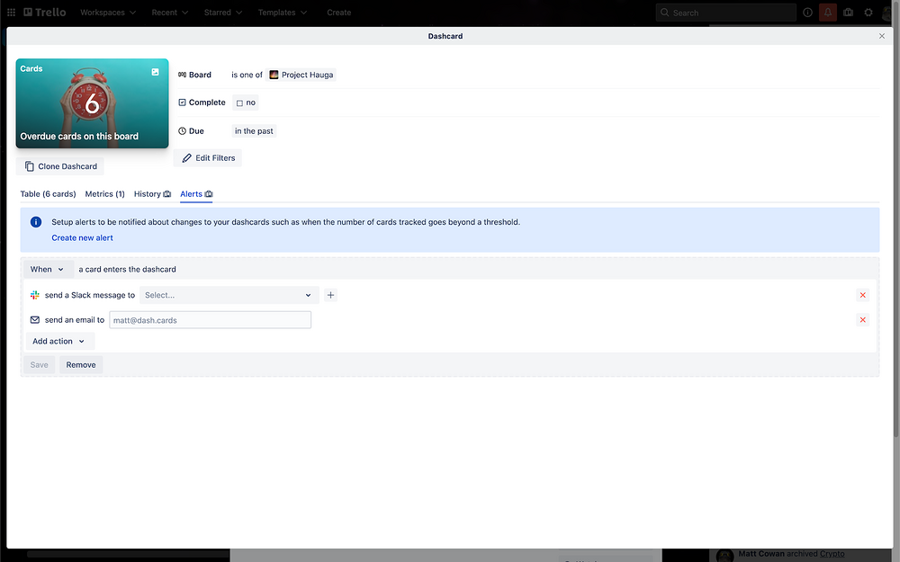 Trello Dashcards settings interface — Analytics app on the Slack Marketplace