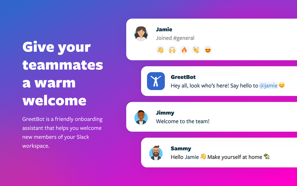 GreetBot primary marketing image — Social & Fun app on the Slack Marketplace