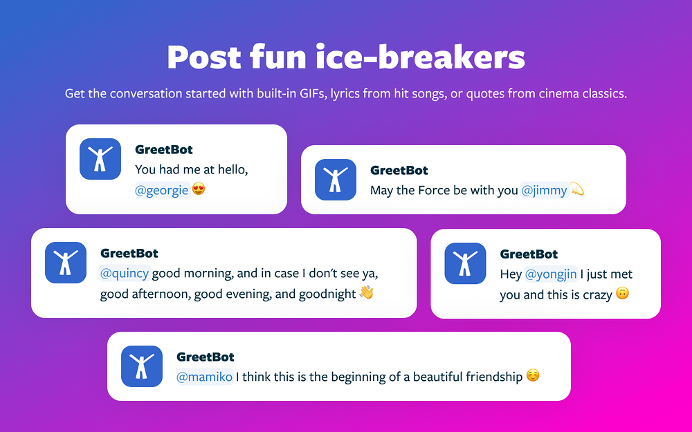 GreetBot feature detail — Social & Fun app on the Slack Marketplace