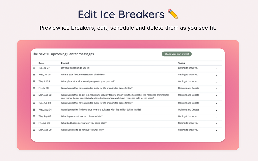Banter Icebreaker Games settings interface — Health & Wellness app on the Slack Marketplace