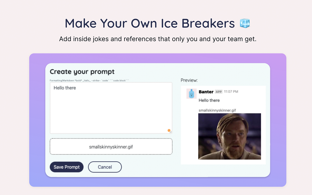 Banter Icebreaker Games feature detail — Health & Wellness app on the Slack Marketplace