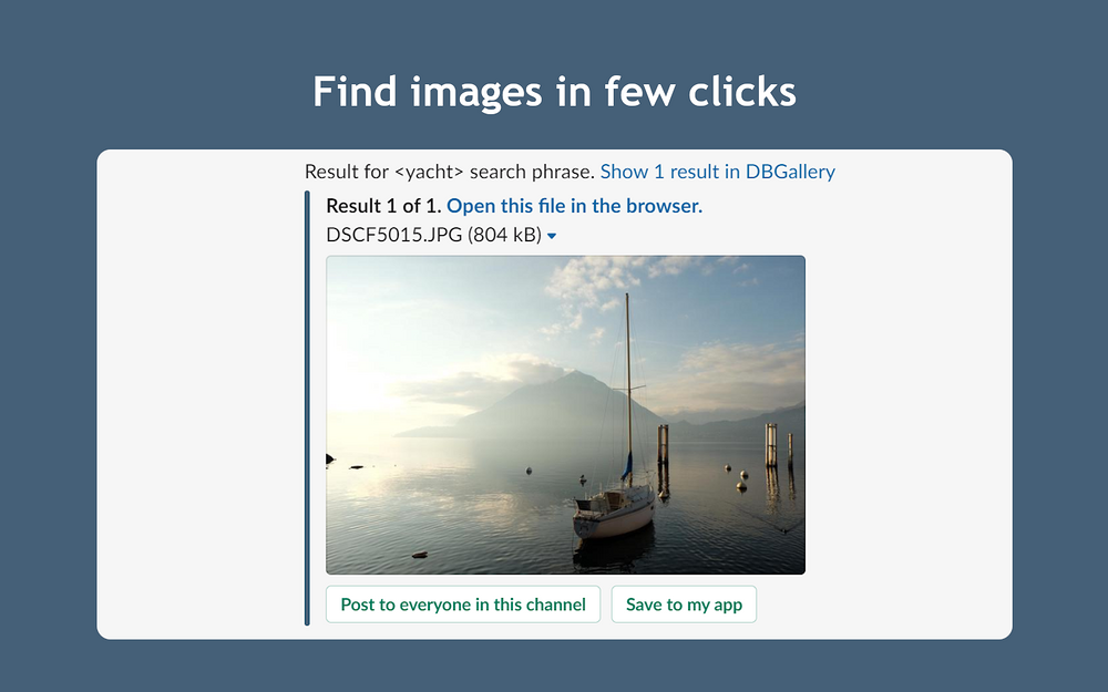 DBGallery dashboard view — File Management app on the Slack Marketplace