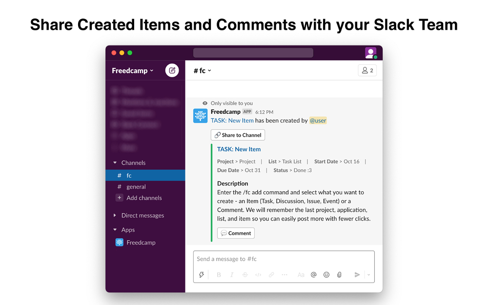 Freedcamp dashboard view — Project Management app on the Slack Marketplace