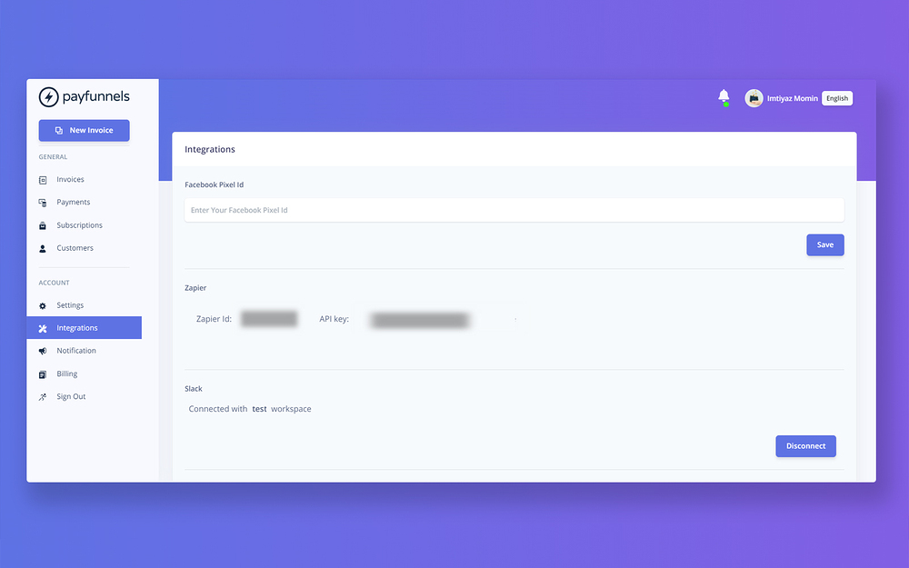 Payfunnels settings interface — Finance app on the Slack Marketplace