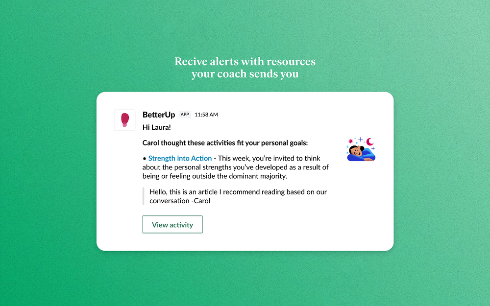 BetterUp feature detail — Health & Wellness app on the Slack Marketplace