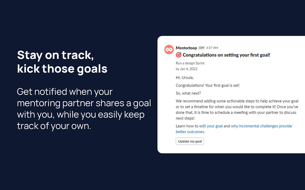 Mentorloop dashboard view — Health & Wellness app on the Slack Marketplace