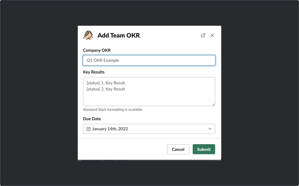OKRs by Managerly dashboard view — HR & Team Culture app on the Slack Marketplace
