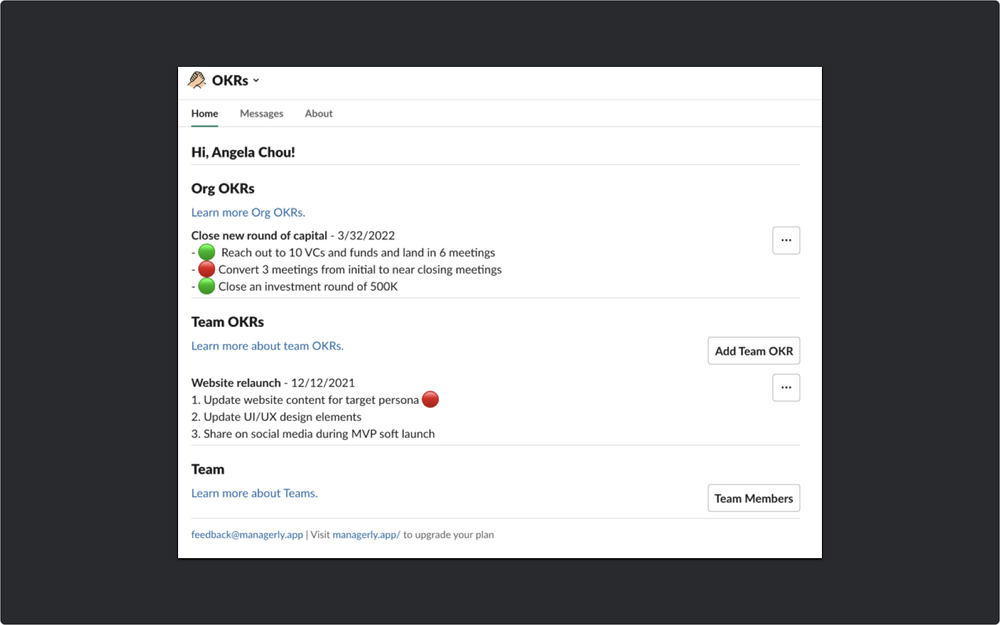 OKRs by Managerly primary marketing image — HR & Team Culture app on the Slack Marketplace