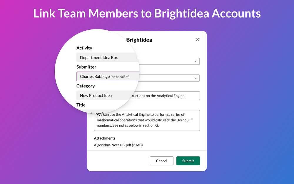 Brightidea feature detail — Project Management app on the Slack Marketplace