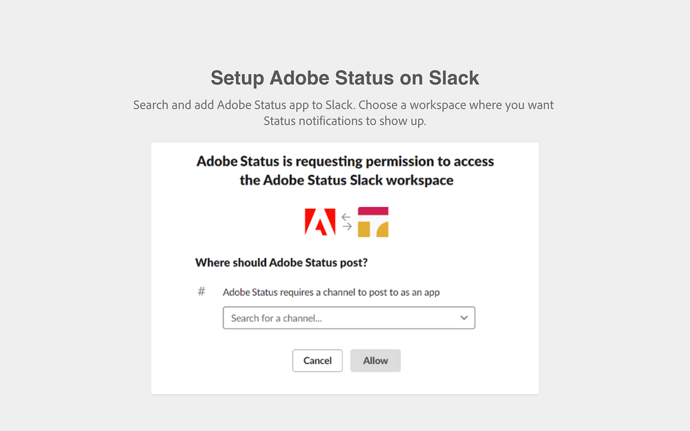 Adobe Status dashboard view — Security & Compliance app on the Slack Marketplace