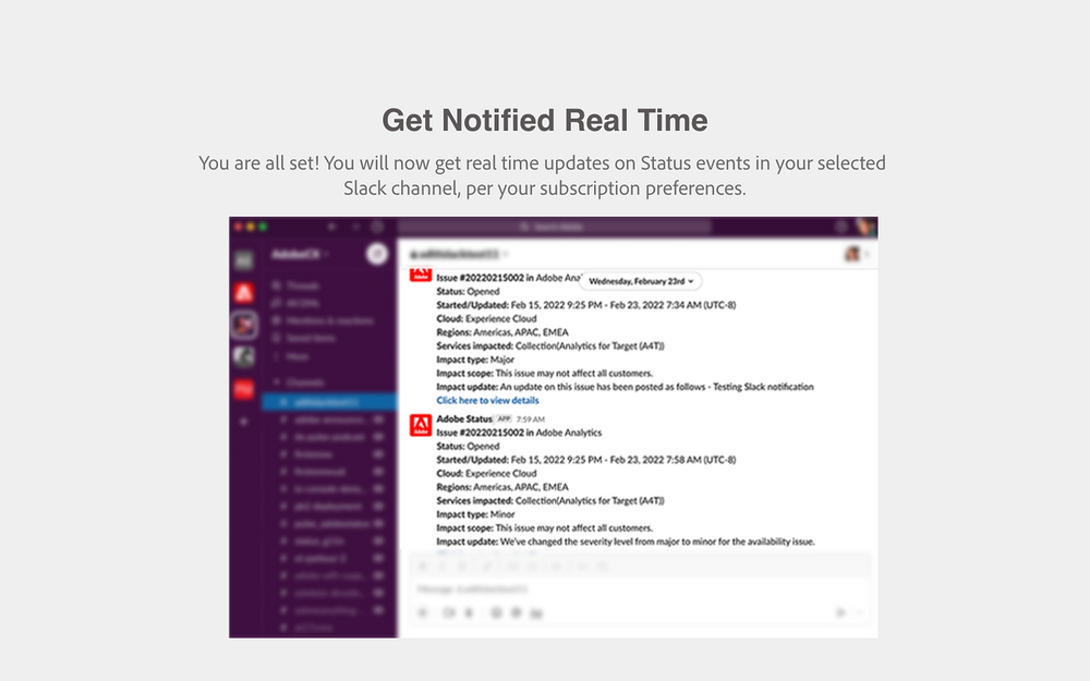 Adobe Status feature detail — Security & Compliance app on the Slack Marketplace